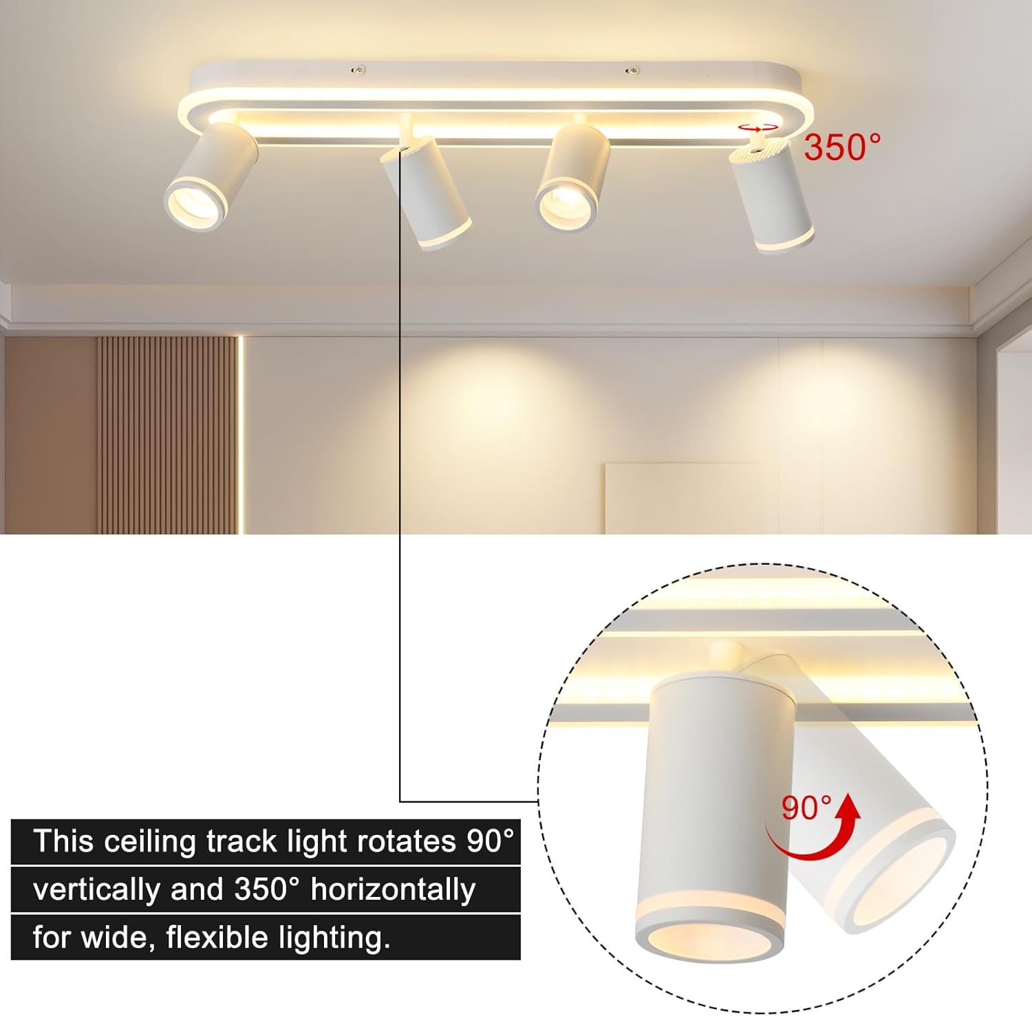LED 4 Light Track Lighting Spotlight Kit, White Ceiling Spotlights, Modern Track Light Fixture with Flexibly Rotatable Light Heads, 50W+20W Dual Lighting for Kitchen Living Room,Includes 4 x GU10 Bulb