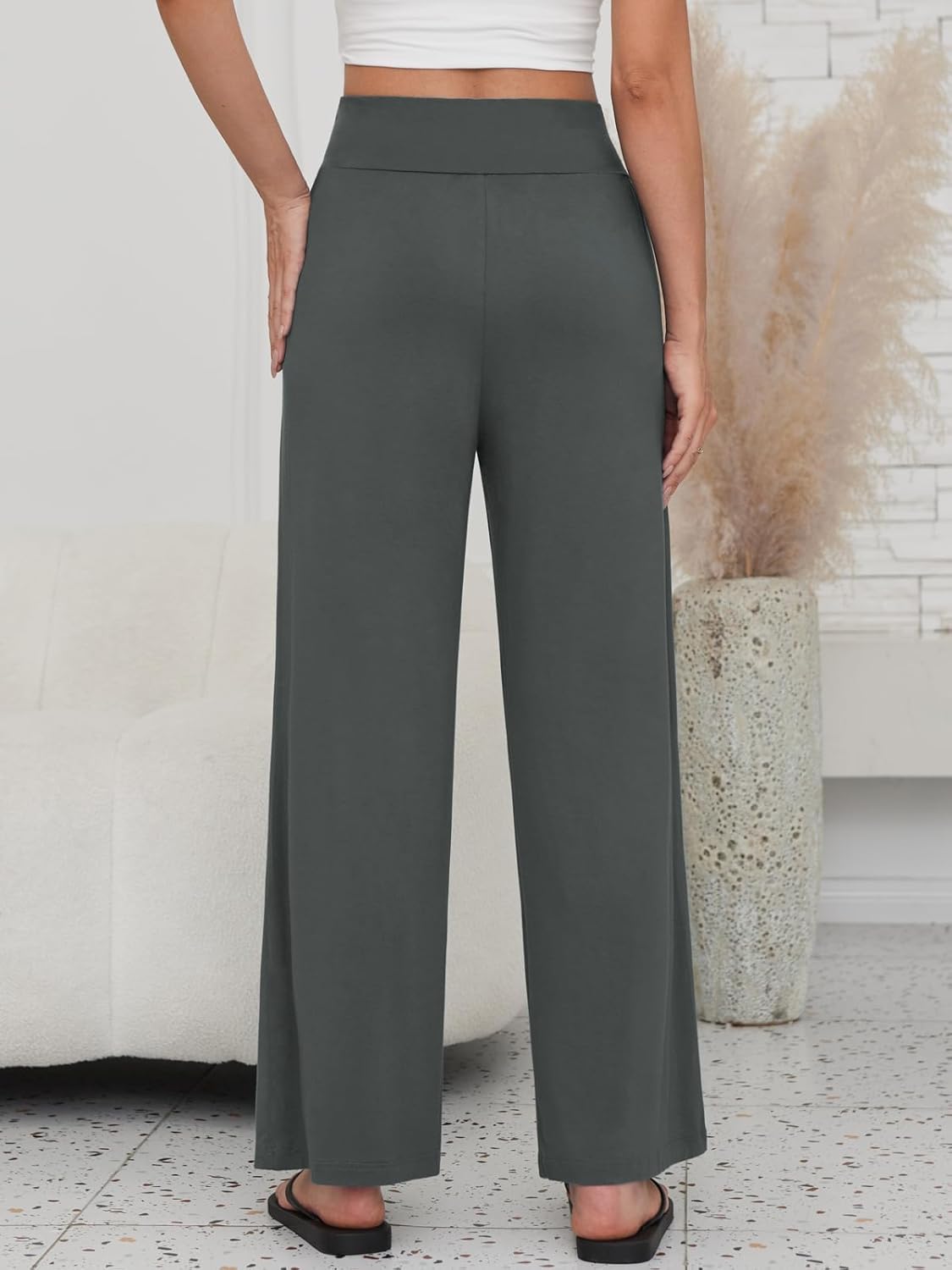 Womens Casual Soft Comfy Drape Flowy Lounge Pants Elastic High Waisted Palazzo Pajama Bottoms with Pockets - Image 4