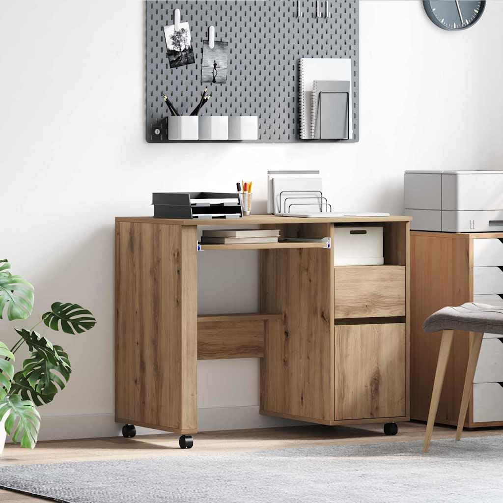 Tavolo per computer con ruote, rovere Artisan, 91 x 50 x 77 cm, materiale in legno, scrivania flessibile per casa, ufficio, giochi, cameretta dei bambini, con spazio di archiviazione