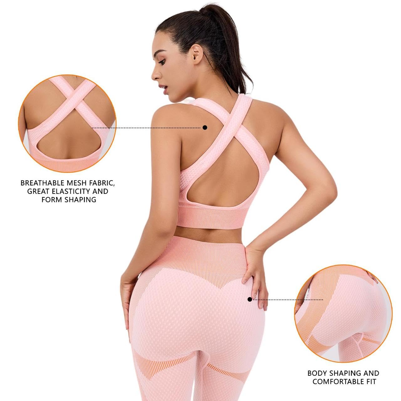 Set da allenamento da donna, 3 pezzi, senza cuciture, leggings a vita alta, reggiseno sportivo e top corto, per yoga e fitness, palestra