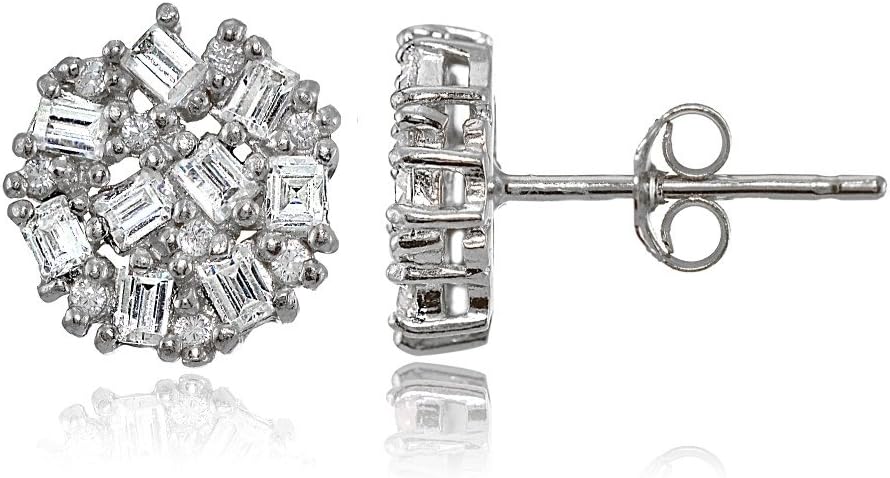 Hoops & Loops 925 Sterling Silver Baguette and Round-Cut Cubic Zirconia Cluster Round Stud Earrings for Women, Silver, Yellow & Rose Gold