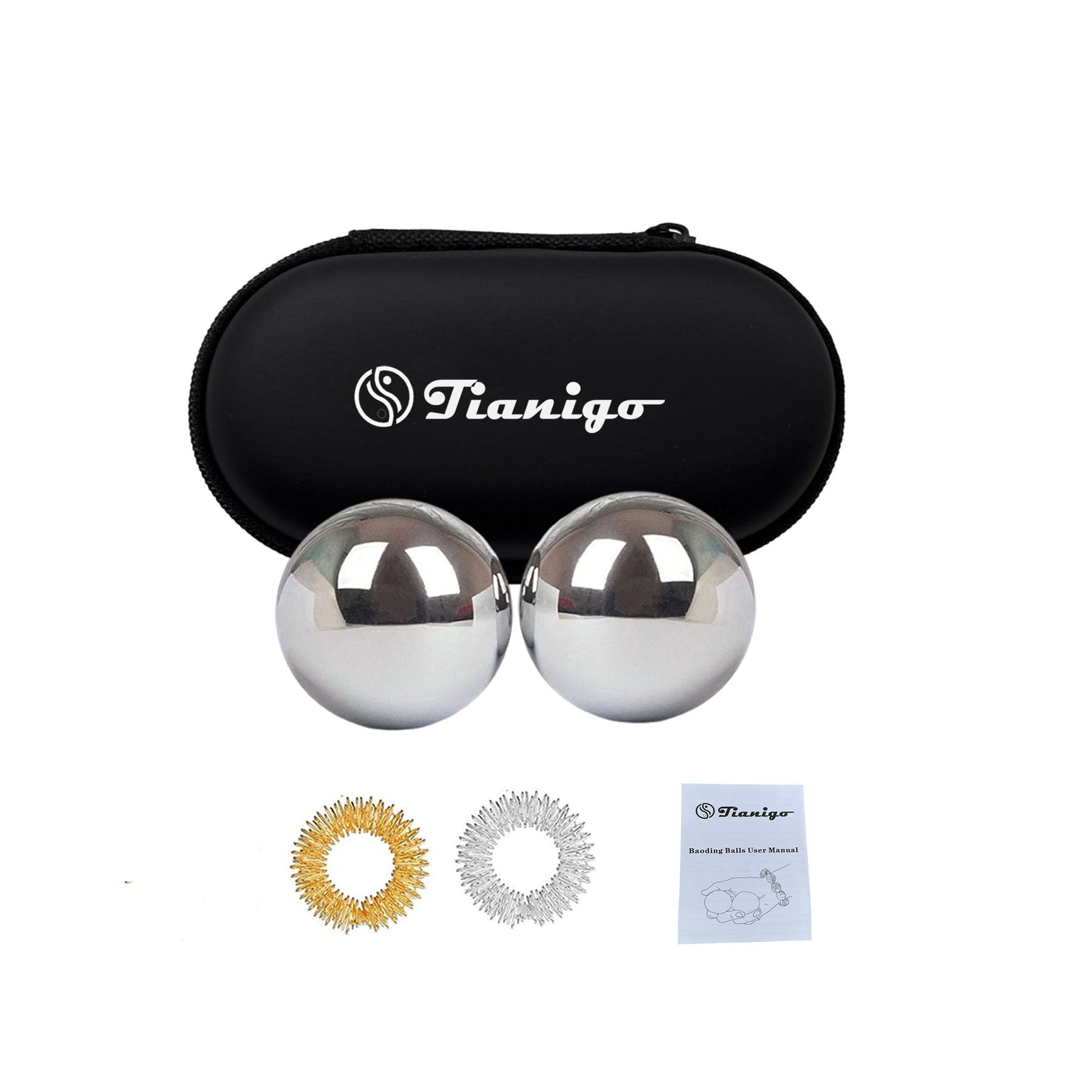 Tianigo Stainless Steel Baoding Balls Set, 1.2 Inches Chinese Health Balls, Metal Stress Relief Hand Massage Balls No Chime for Hand Exercise, Hands Therapy