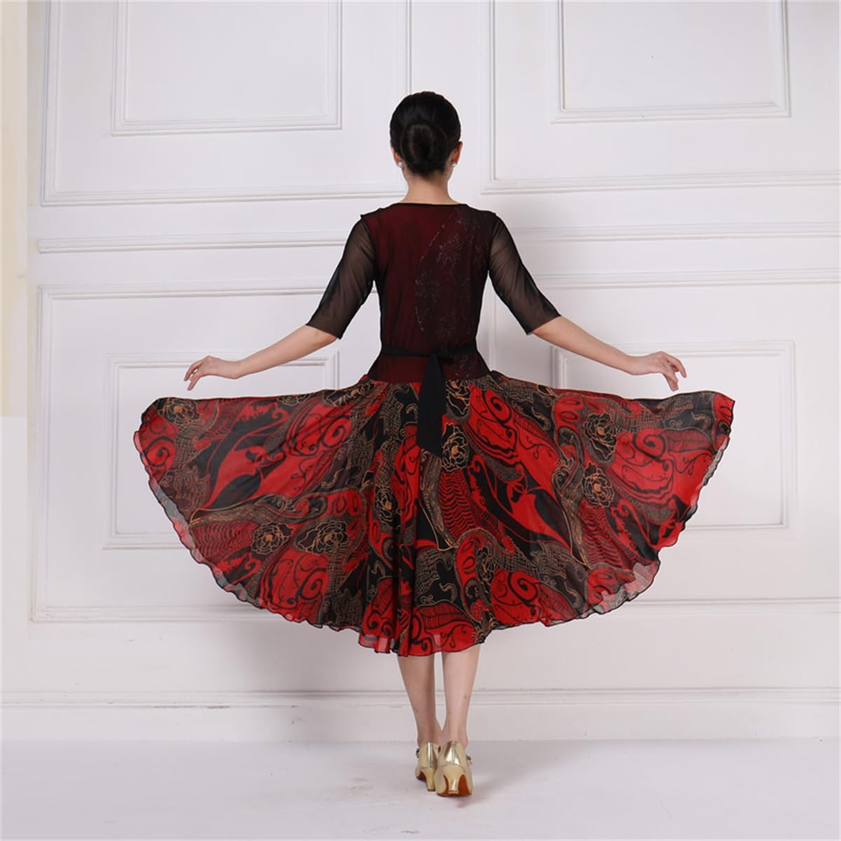 LNIGHT]社交ダンスドレス モダンダンス衣装 メッシュ 五分袖 フリル