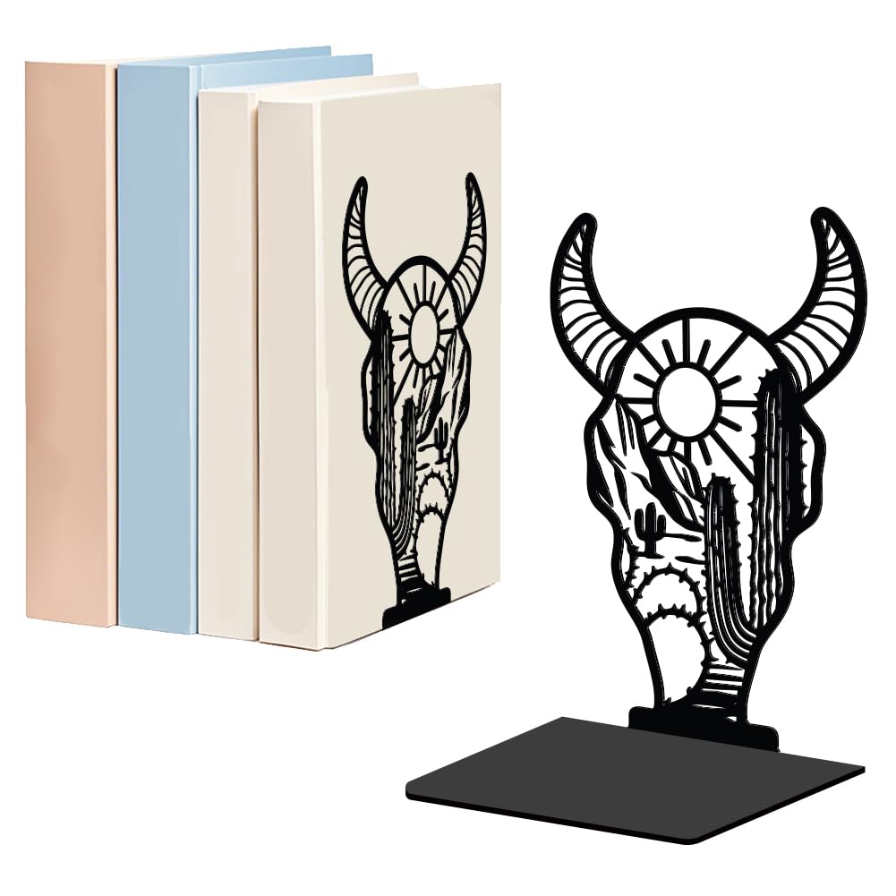 WADORN 1 Pair Western Cow Skull Metal Decorative Bookends, Vintage Cow Head Heavy Duty Book Stand Black Non-Skid Book Holder Stopper for Home Office School Library Desk Bookshelf Dorm Western Decor