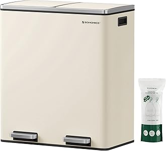 SONGMICS Dual Trash Can, 16 Gal (60L) Rubbish Bin and 15 Trash Bags, Metal Step Bin, with Dual Compartments, Plastic Inner Buckets and Hinged Lids, Airtight, Cloud White ULTB201A01