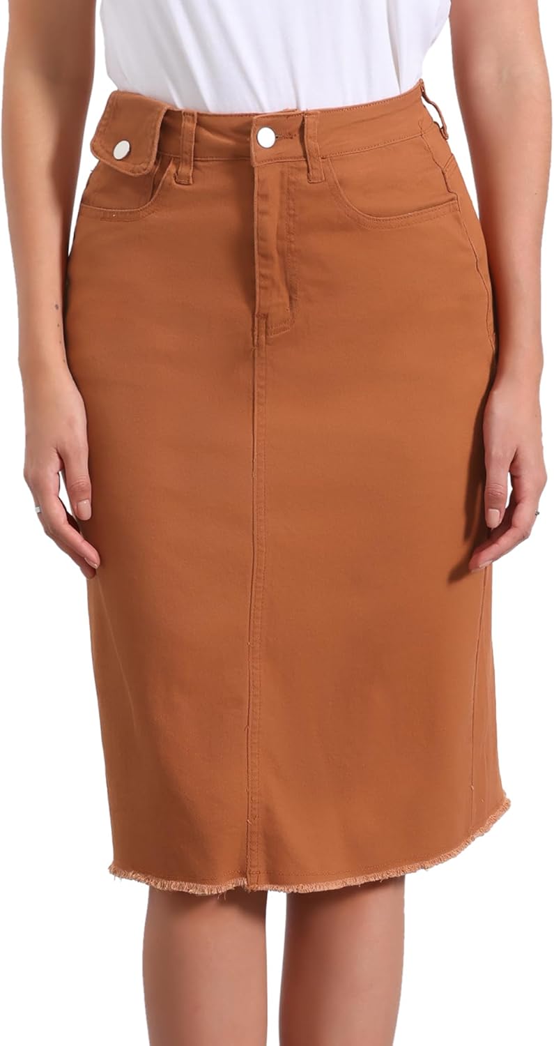 Allegra K Women's Casual Jean Skirt Back Slit Raw Hem Stretch High Waist Denim Skirts