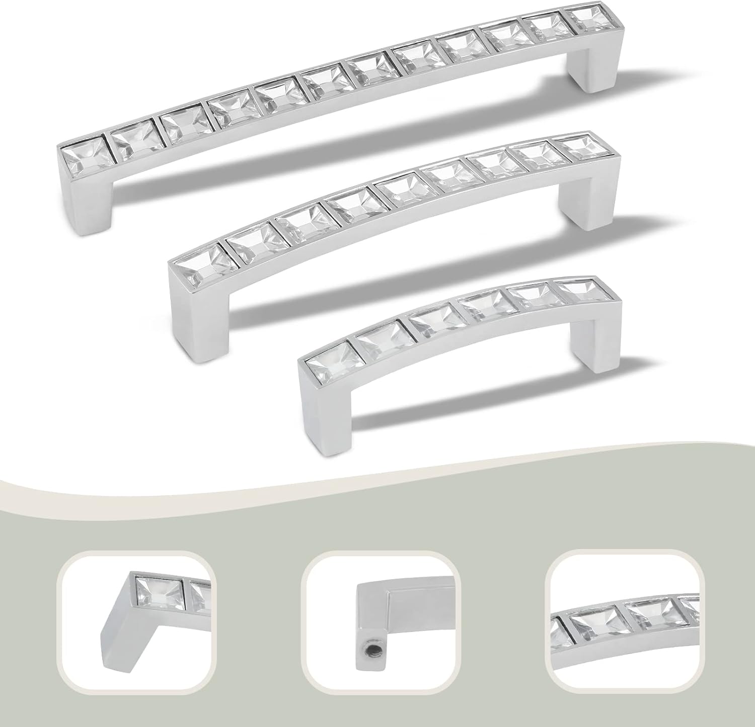 Bivethoi 10 Pcs Crystal Drawer Pulls, Rhinestone Handles, Silver Zinc Alloy Cabinet Handles for Kitchen Cupboard Bedroom,96mm / 3.78" (Hole Centers)