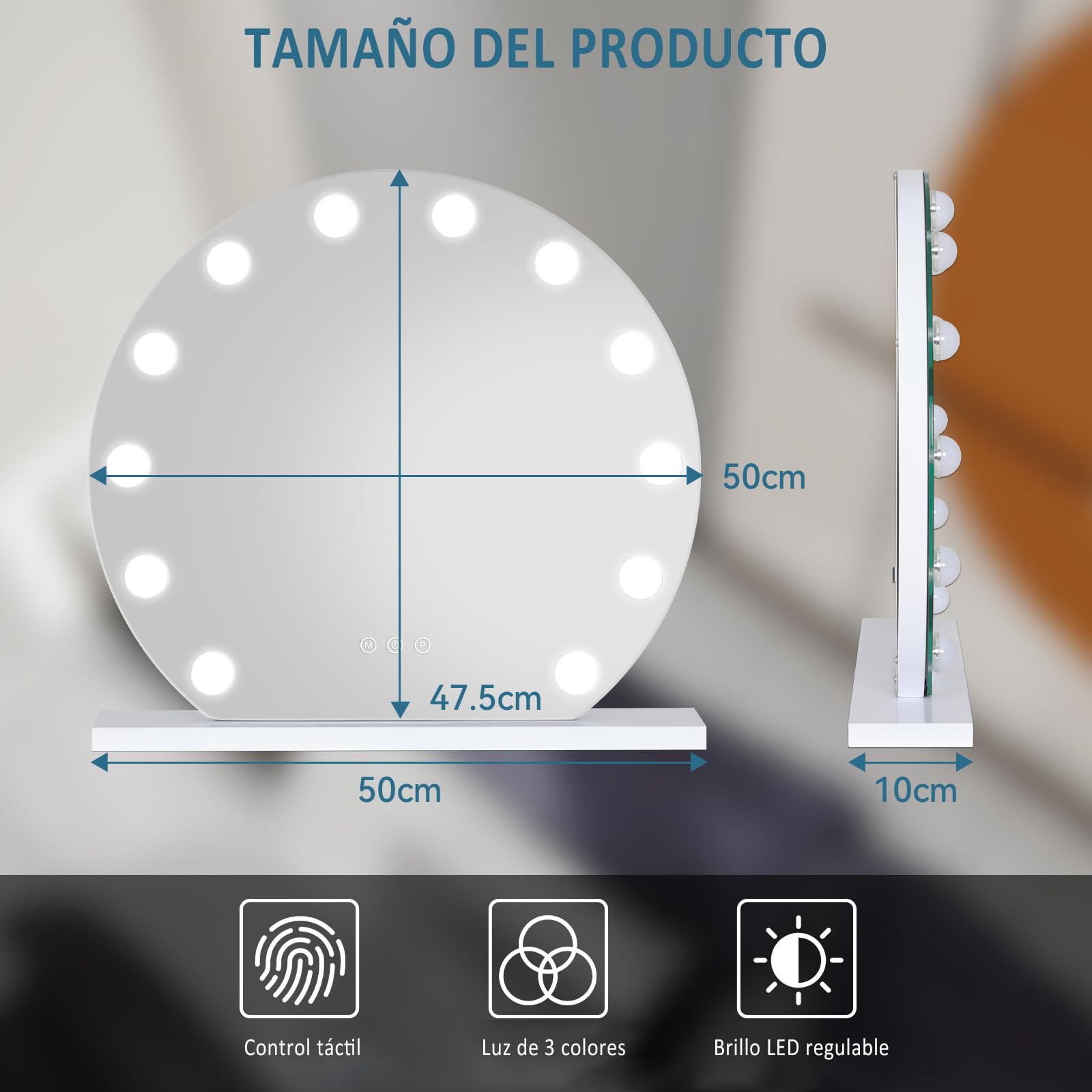YU YUSING Hollywood Espejo Maquillaje con Luz 12 LED, 50 x 47.5 cm, 3 Modos Iluminación Regulables, Espejo Tocador, Espejos de Mesa, 10x, Vanity Mirror Tocador Dormitorio, Controles Táctiles, Blanco
