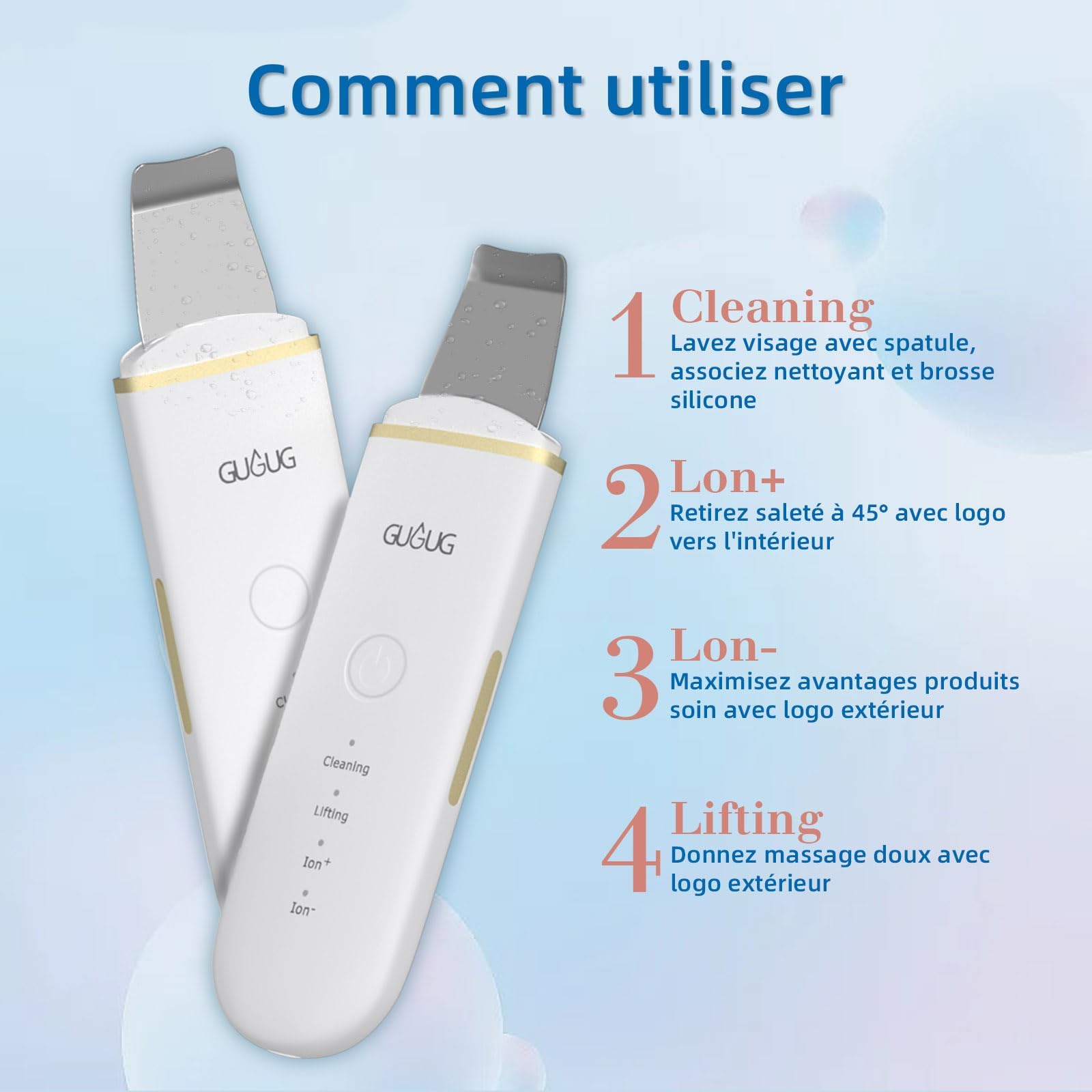 GUGUG Épurateur de Peau, Ultrasonique Épurateur Visage Skin Scrubber avec 4 Modes Appareils de Tonification pour le Visage et Point Noirs, Soins pour le Visage, USB Rechargeable