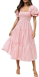 Women's 2025 Bohemian Summer Plaid Square Neck Puff Sleeve Ruffle Flowy Beach Midi Dress - Buy now