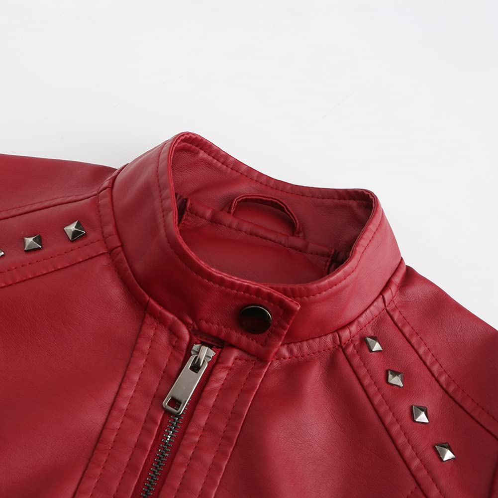 YYNUDA Chaqueta de piel con tachuelas cortas para mujer, color sólido y manga larga, estilo moto Biker