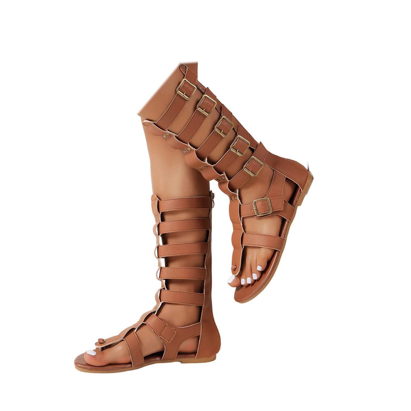 SACFOF Knee High Sandals for Women Summer Gladiator Cut Out Roman Sandals Buckle Beach Ankle Strap Sandals with Back Zipper