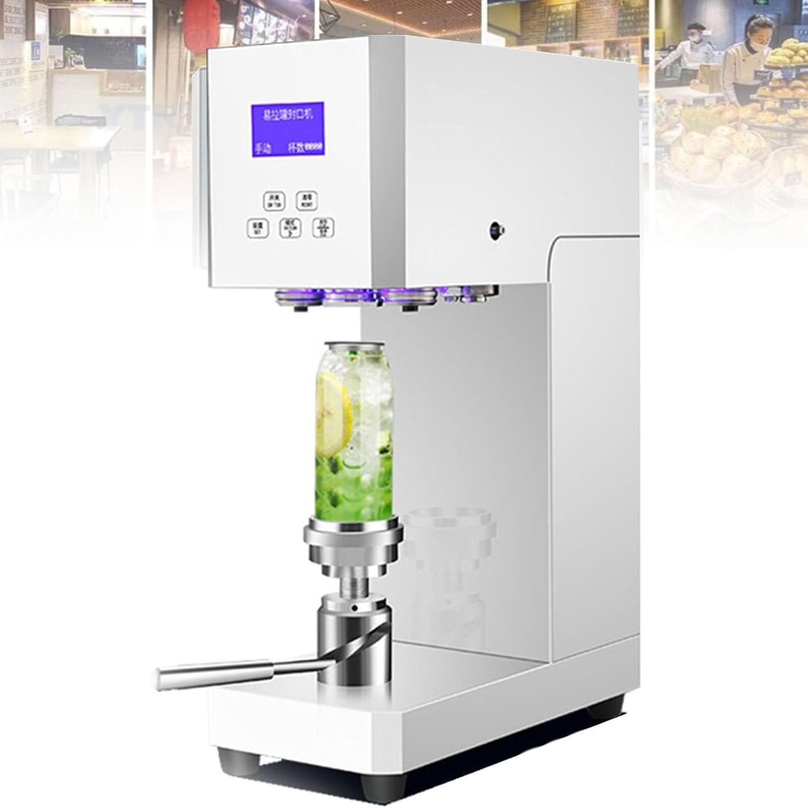 Máquina selladora de latas de 370 W, semiautomática para bebidas con pantalla LED, 220 V, para té con leche, botellas de bebidas, bares y cafeterías, diámetro de sellado de 2.17 pulgadas