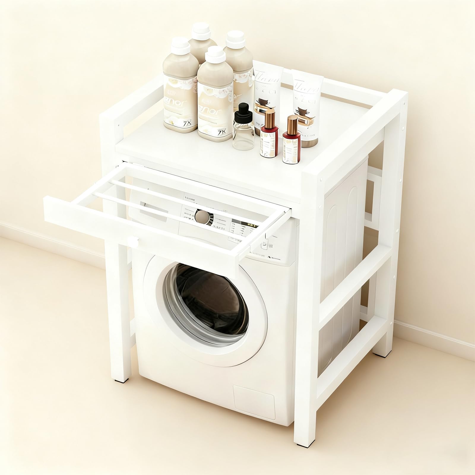 Mueble Lavadora Secadora Mueble para Lavadora Altura Con tendedero oculto Altura ajustable Mueble Lavadora Secadora Vertical Capacidad de 200kg Estantería Lavadora sin Montaje en Pared white 1-Tiers