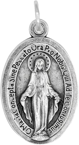 Lote de 5 – Medalla Milagrosa Latina de 1 pulgada Lote de 5 Medallas Anillos Incluidos – María Nuestra Señora de Gracia, Plata, No es una piedra