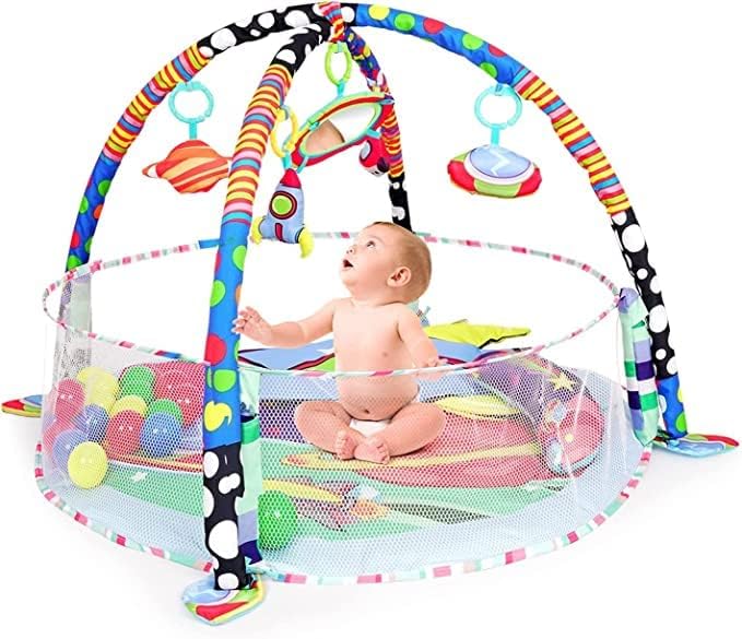 Jumbo Baby Activity Gym, Folding Baby Play Gym Play Mat with Ball Pit & Hanging Mobiles, Surrounding Mesh for Newborn, Infant, Babies, Toddlers
