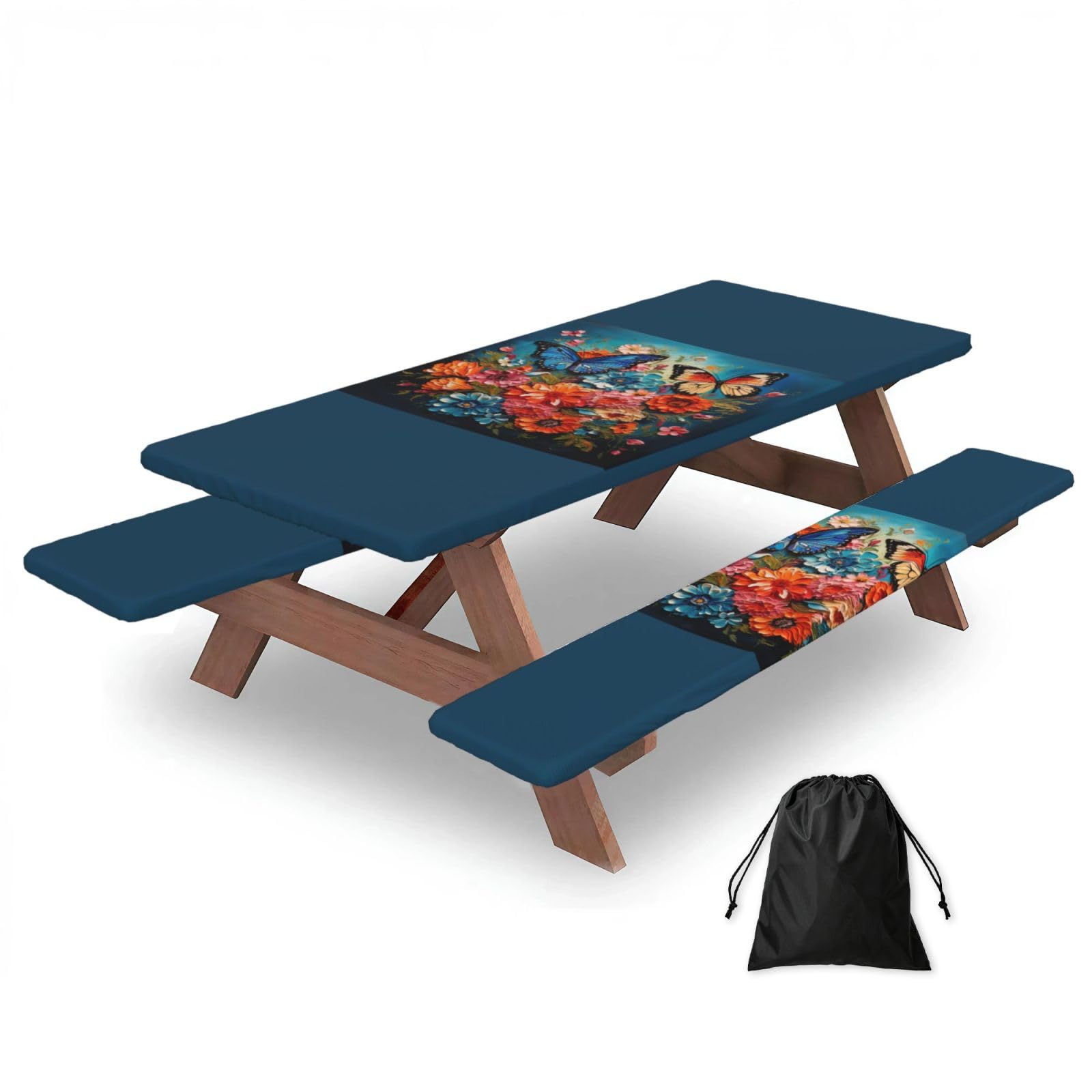 PPHGUT Flowers And Butterfly Print Picnic Table Bench Cover Set Outdoor Garden Bbq Protector For Family Camping