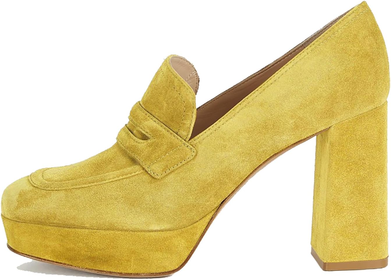 Women Chunky High Heel Platform Loafers Closed Square Toe Heels Suede 4" Block Heel Penny Loafers Pumps Platform Slip On Dress Heels 4-11 M US