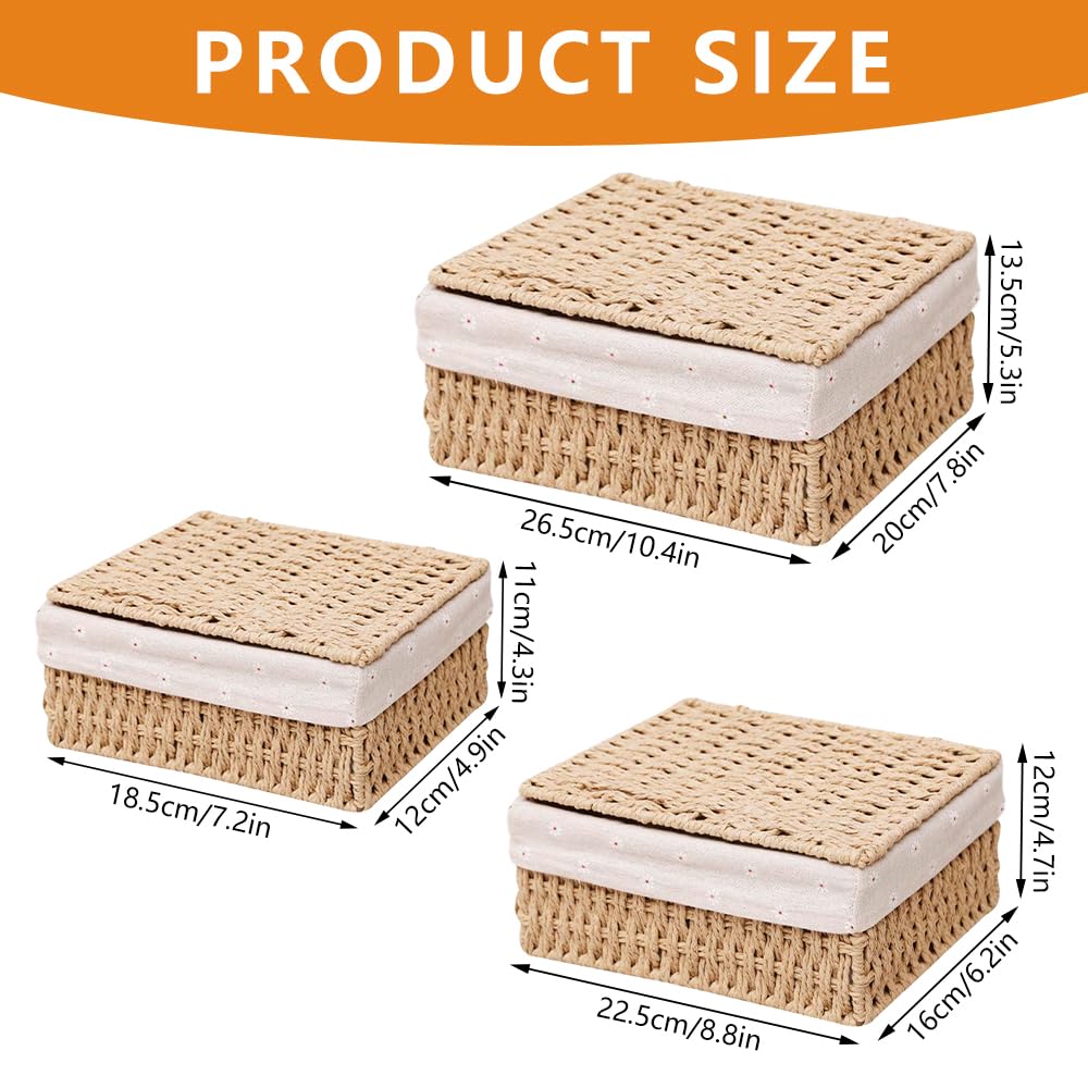 3 pezzi cesto con coperchio, 3 dimensioni cesto di stoccaggio intrecciato, cesto intrecciato da corda di carta, stoccaggio con rivestimento per bagno, trucco, piani di tavolo, armadio