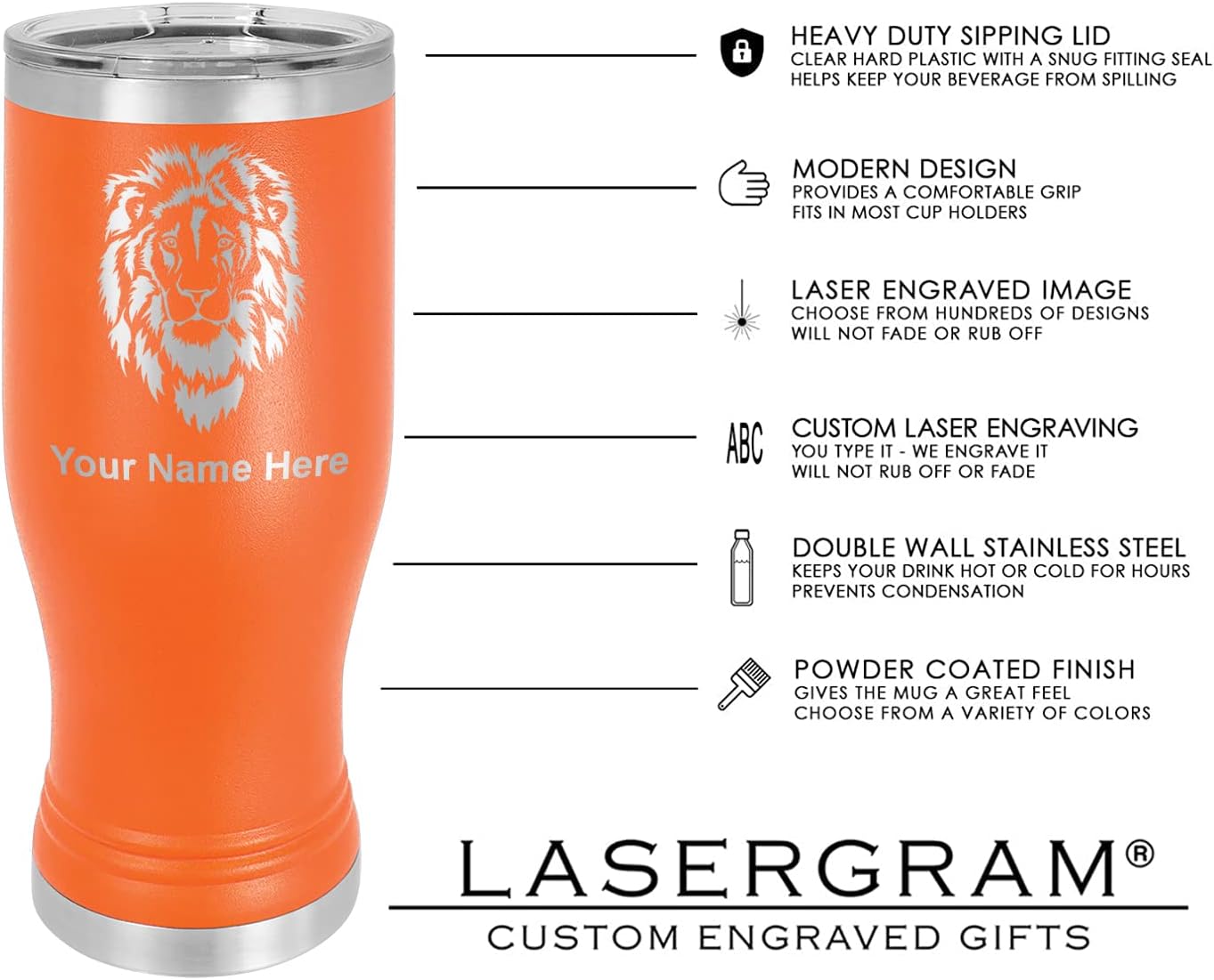 LaserGram 14oz Vacuum Insulated Pilsner Mug, Truck Cab, Personalized Engraving Included (Orange)