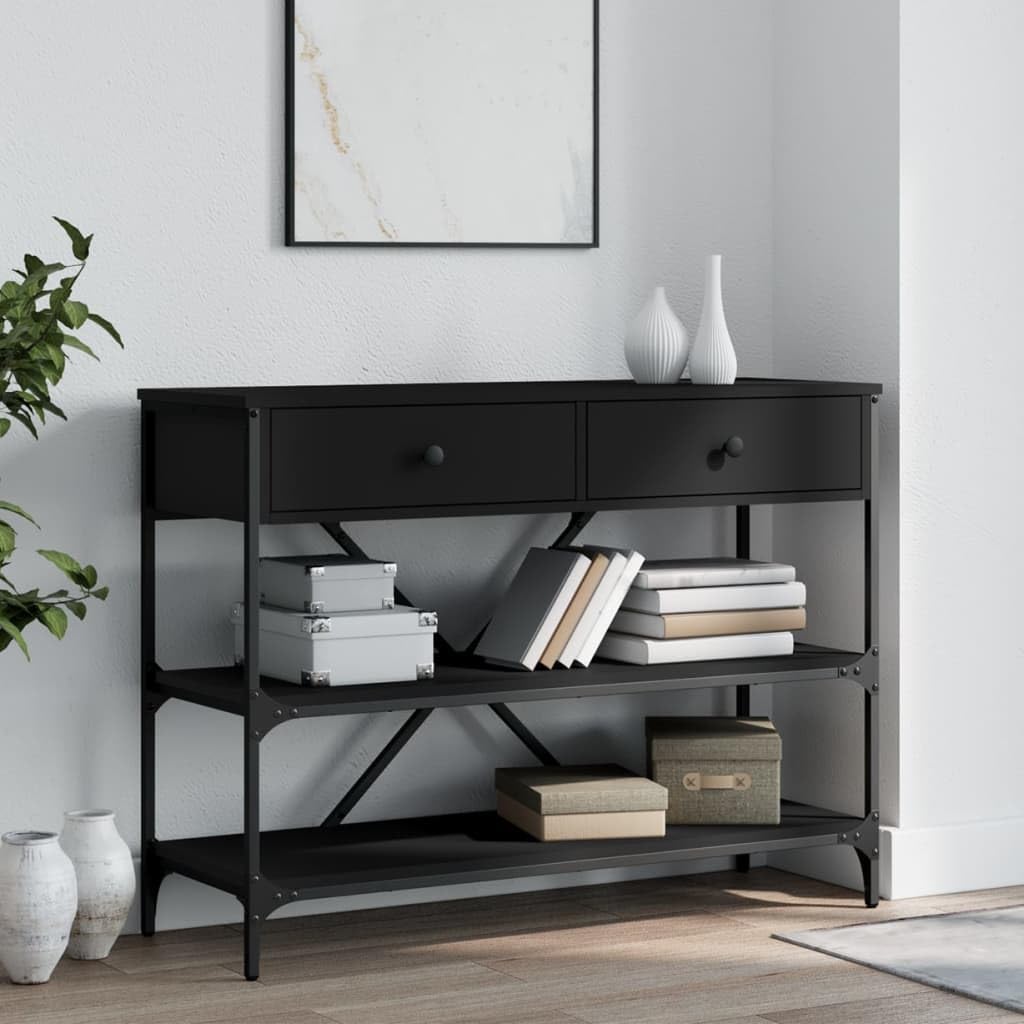 SXZenSpace Console Table with Drawers and Shelves 100 x 34.5 75 cm Black Engineered Wood Hallway Side Table, Sturdy Steel Frame, Living Room Bedroom Entryway Furniture
