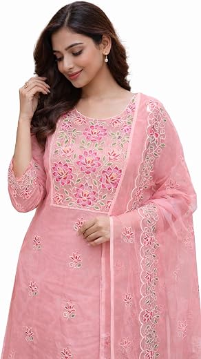 Women’s Kota Doria Cotton Suit Set with Heavy Embroidery Work | Unstitched Kurta Dupatta Bottom Set | Floral Design Tradit...