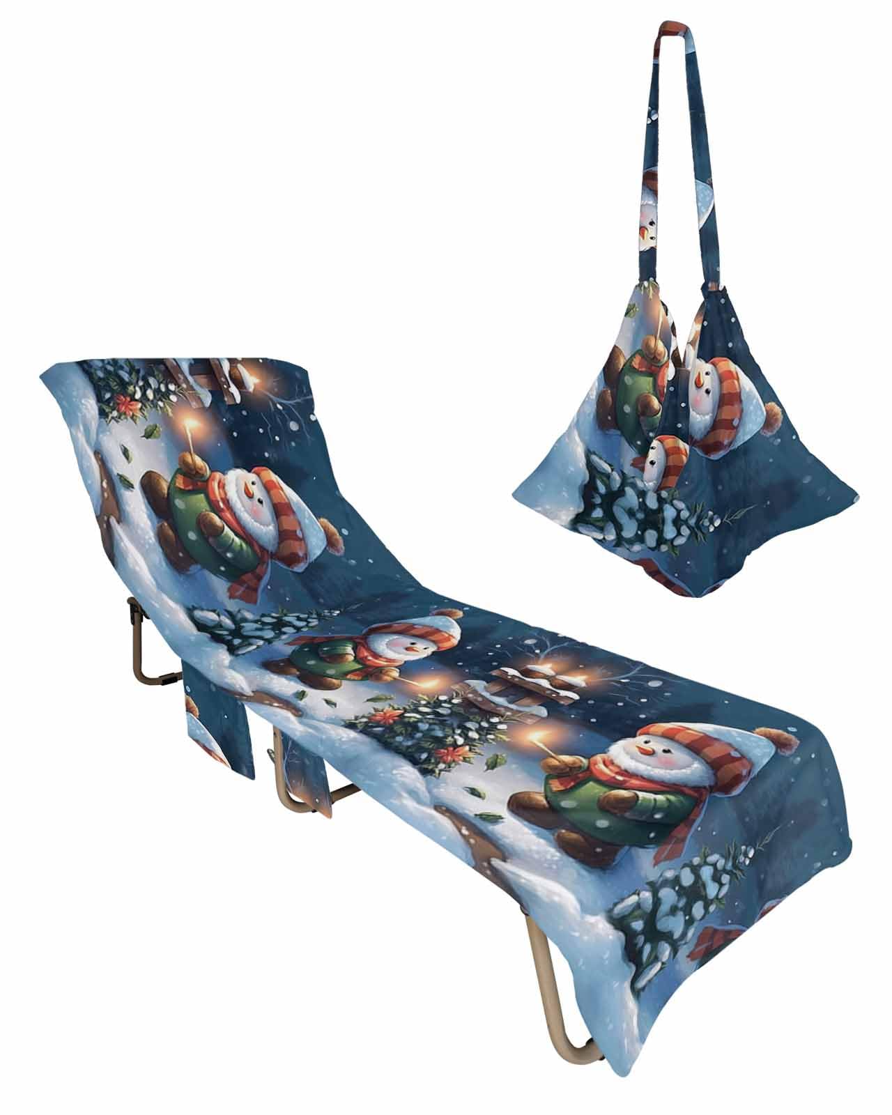Winter Gnomes Beach Pool Patio Lounge Chaise Chair Cover Towel with Pockets,Absorbent & Quick Dry Microfiber Towel Cover Bag Summer Travel Accessories for Sunbathing Cute Christmas Dwarf Snowscape