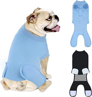QUEARN 2 Packs Breathable Cotton Dog Recovery Suit for After Neuter Spay Abdominal Wounds Protector, Professional Anti-Licking Onesies for Male Female Pets Surgery Bandages, L Black Blue Pure