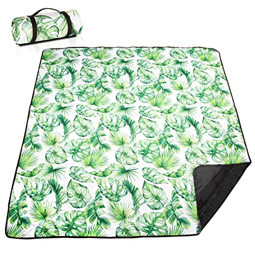 Airensky Extra Large(79 "x 83") Picnic Blanket, 3-Layer Thicking Outdoor Camping Blanket, Machine Washable Beach Blanket, Waterproof and Wear-Resistant, Soft and Comfortable(Green Leaves)