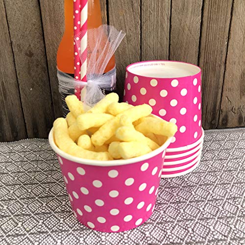 Ice Cream Sundae Kit - 8 Ounce Polka Dot Paper Treat Cups - Plastic Spoons - Paper Umbrellas - Orange Green Yellow Pink - 18 Each