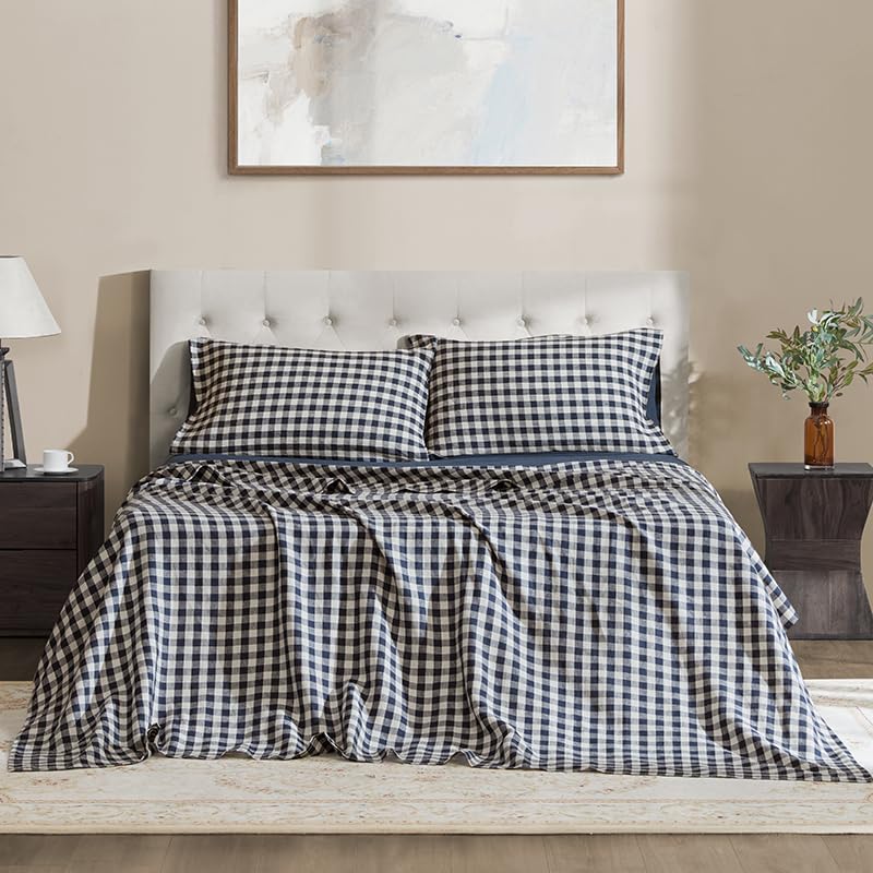 DAPU Linen Sheets Queen,Yarn Dyed Gingham Check Plaid 100% Washed Linen Bedding with Envelope Closure,4 PCs Soft Linen Sheets Set,Geometric Checkered Pattern in Navy Blue & White,Queen Size