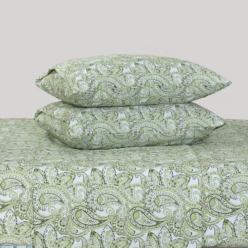 Image of Feather & Stitch Printed 500 TC King Size 4pc Damask Bed Sheet Set, 100% Soft Cotton Breathable Bedsheets, 18 inch Deep Pockets Sateen Weave Bedding Mattress Hotel Luxury Decor - Olive Green Paisley