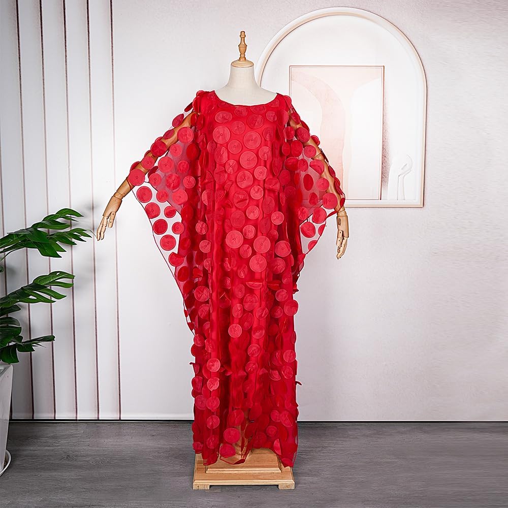 HD Afircan Women Applique Flower Dress Boat Neck Caftan Chiffon Gown One Size - Image 3