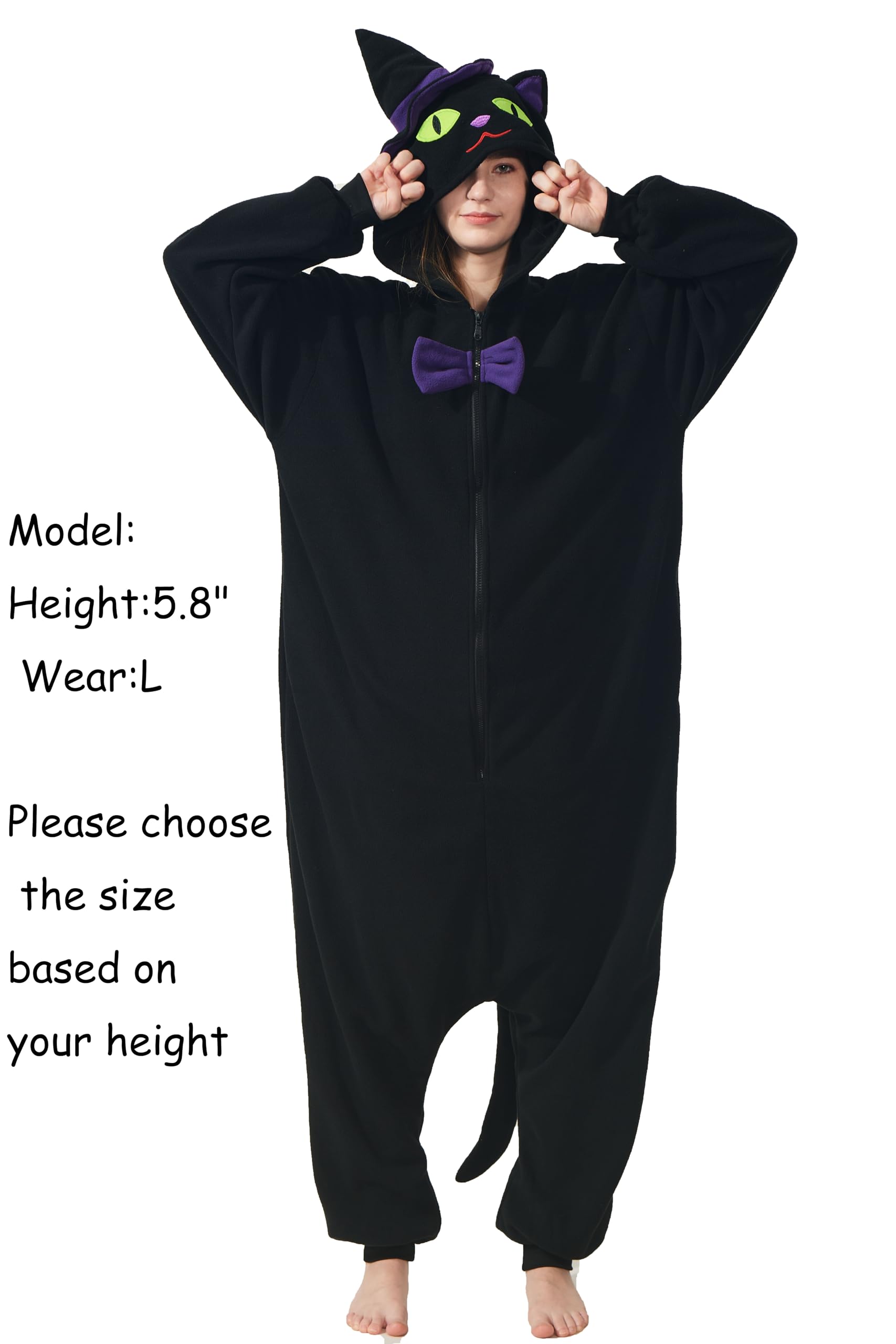 Kostium czarnego kota dla dorosłych unisex jednoczęściowa piżama Halloween Boże Narodzenie zwierzę cosplay z kapeluszem czarownicy