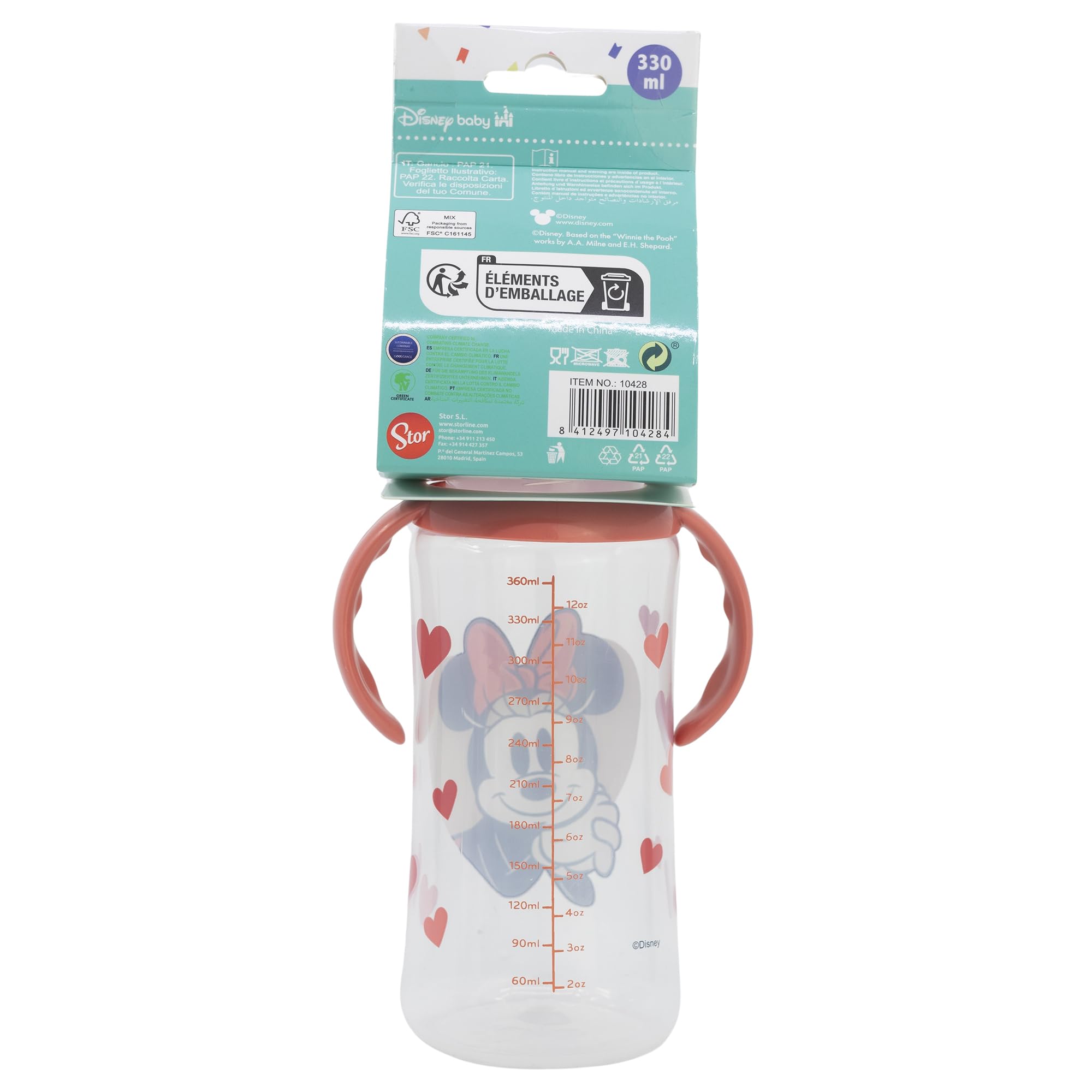 STOR Biberon con Manici Minni 360ml Collo Largo Tettarella Silicone 3 Posizioni Disney Baby Sistema Anti-Coliche Senza BPA 0 Mesi Plus