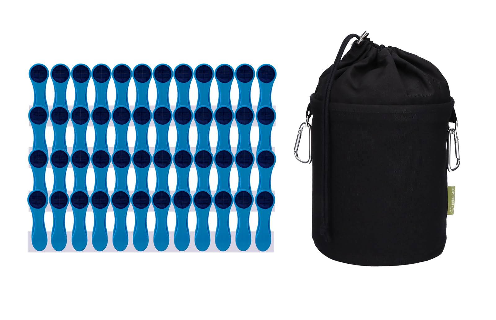 48 Softgrip Clothes Pegs Set Blue with Canvas Clothes Peg Bag Black Robust Cotton Bag with Carabiner & Drawstring, Washable