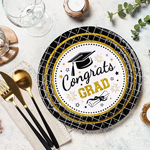 Whaline 40Pcs Graduation Paper Plates Congrats Grad Round Disposable Plates 9Inch & 7Inch Black Buffalo Plaid Gold Decorative Tableware For College School Graduation Party Supplies Table Decorations #TOP6