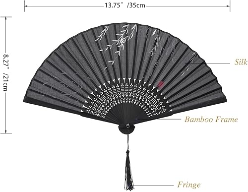 Miniatura 3 de QIRMIZI 5 ventiladores de mano Elegantes ventiladores plegables de seda con marcos de bambú, ventilador plegable de flecos huecos, ventilador de