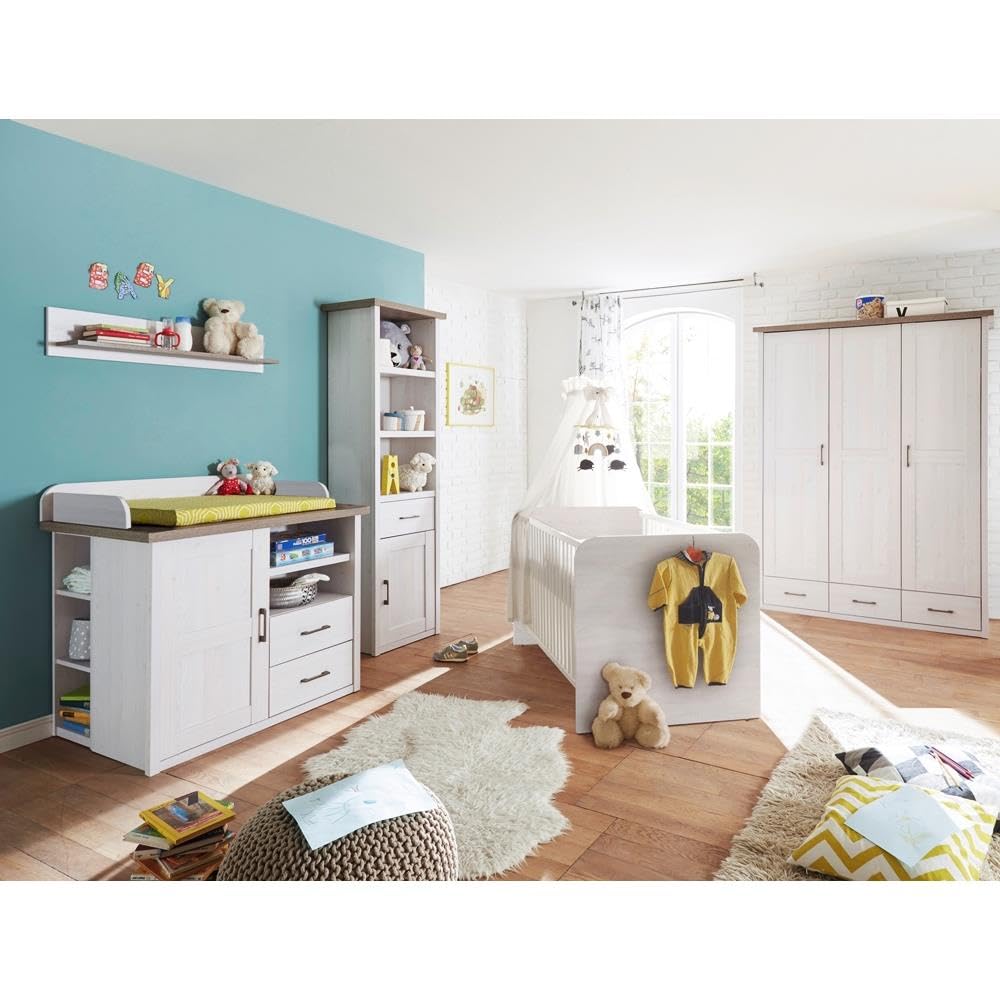 Lomadox Babyzimmer Set in Pinie weiß Nb./Trüffel Eiche Nb., Landhaus Design