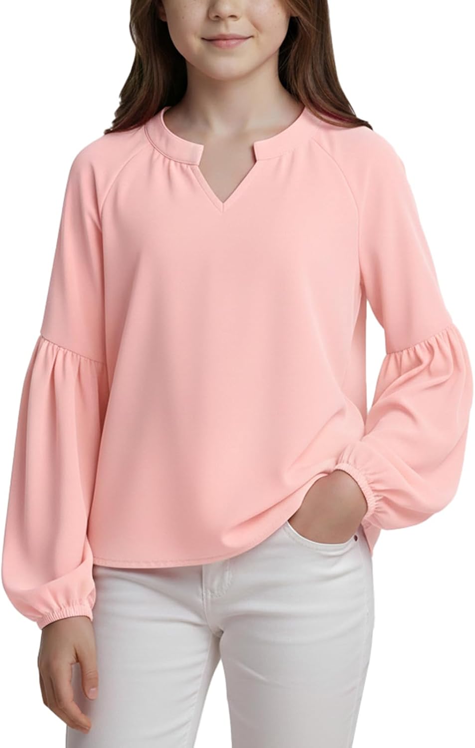 Noomelfish Girls Long Sleeve Shirts Chiffon Blouses Kids Cute V Neck Casual Loose Tops Tee (7-14 Years)
