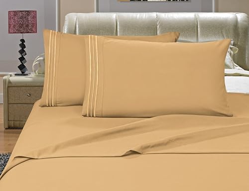 Elegance Linen Sin arrugas, juego de sábanas de 4 piezas de tejido suave y sedoso de 1500 hilos, tamaño Queen, color dorado sólido