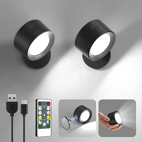 Lightbiz LED Wall Mounted Lights 2 Pcs with Remote, Wall Sconces Lamp 2000mAh Rechargeable Battery Operated, Brightness Adjustable Magnetic Ball 360° Rotation Night Light for Bedroom Bedside