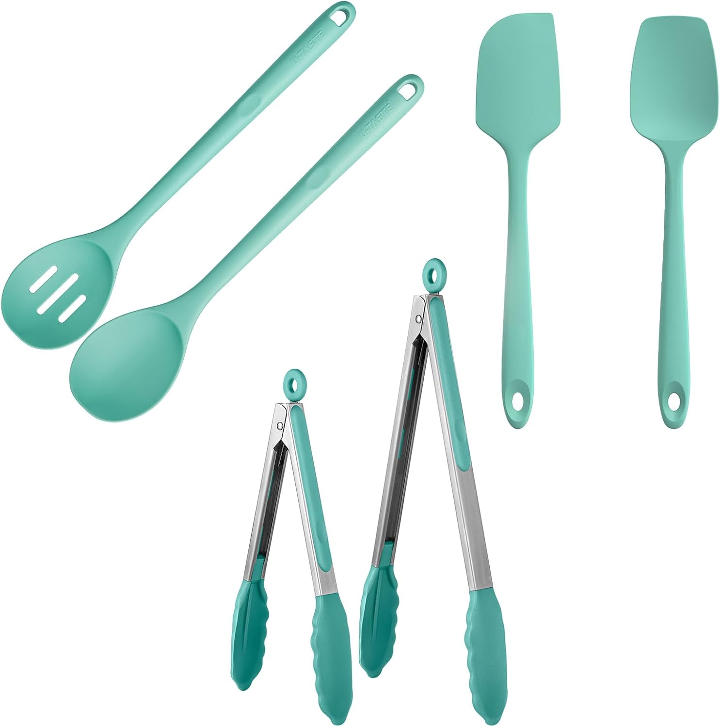 U-Taste 600ºF Silicone Spoon Set 13.3in Solid Slotted 2PCS & Spatula Set Heat Resistant & 600ºF Tongs Set 9 12inch Nonstick Stainless Handle(Aqua Sky)