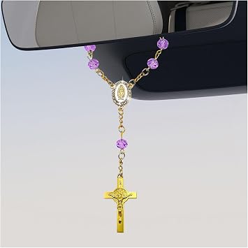 Car Rosary for Rearview Mirror, Religious Cross Bead Rear View Hanging Decor, Catholic Rosary Medal Ornament Purple