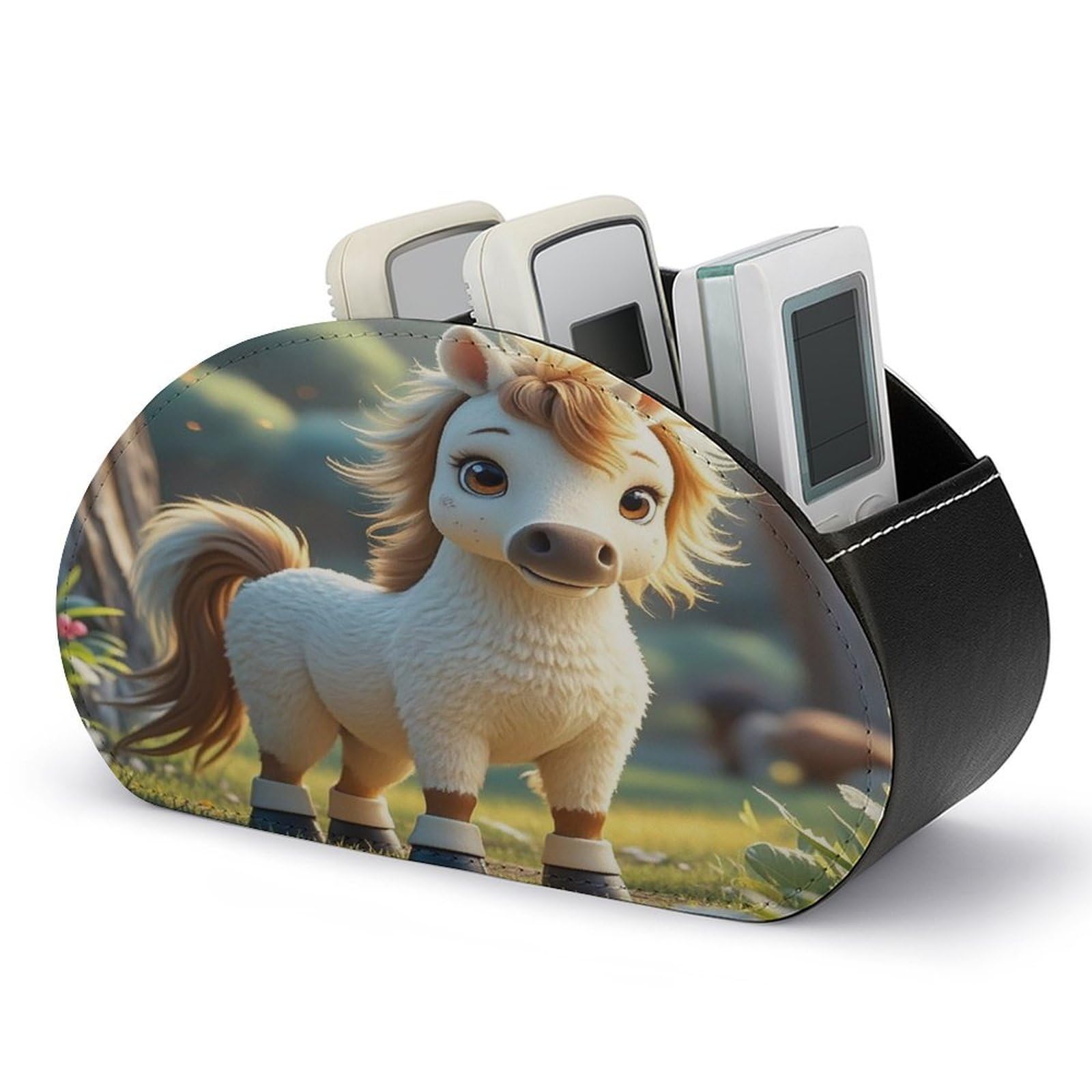 FekiLoot Leather TV Remote Control Holder with 5 Compartments Multifunctional TV Remote Holder Bedside Table Remote Caddy Storage Box Cupid Arrow Love Horse Remote Organizer for Home Office