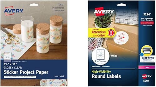 Avery Papel adhesivo imprimible brillante transparente 85 22 x 11 22 impresoras láser e inyección de tinta 7 hojas 4397 y etiquetas redondas