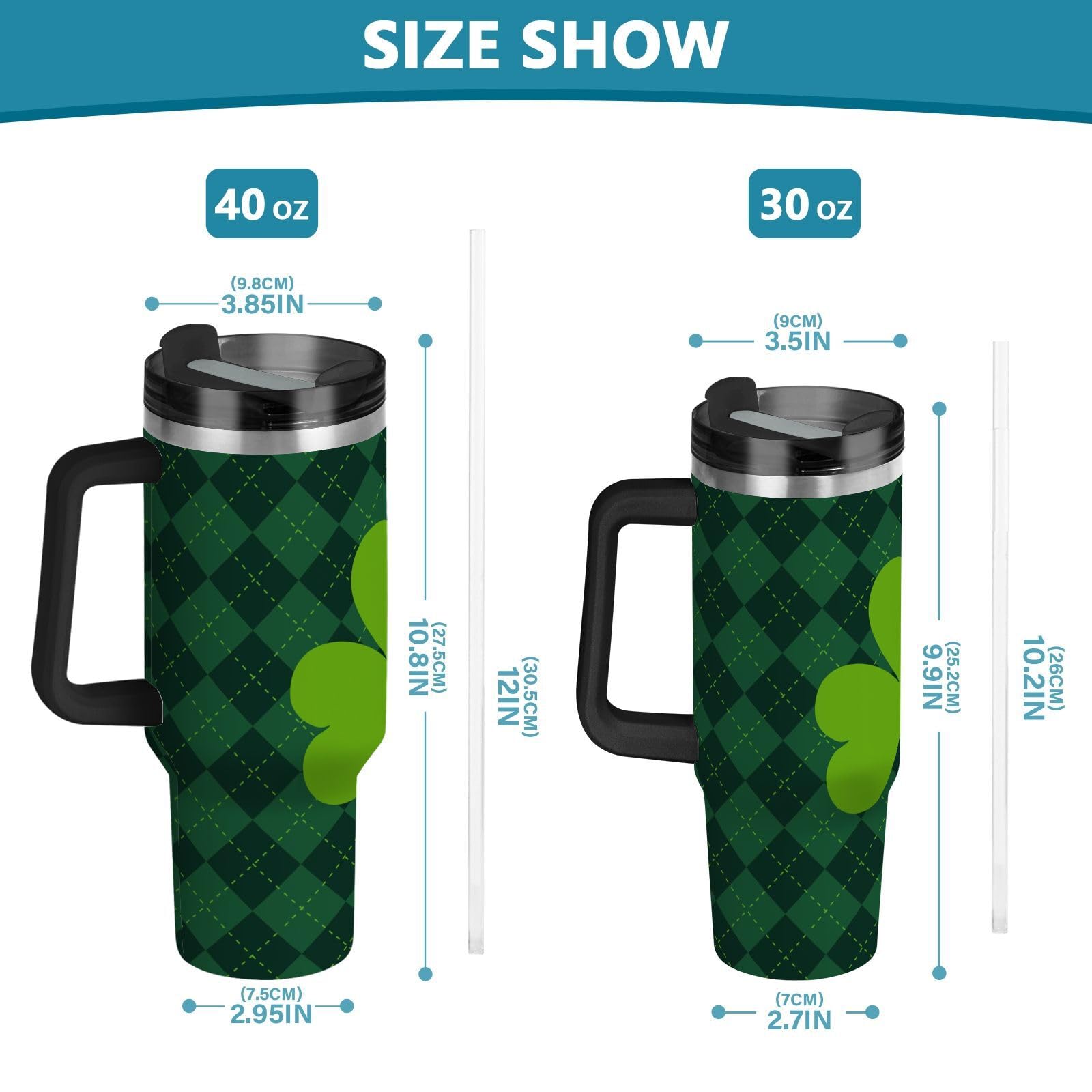 Isolierter Trinkbecher mit grünem Kleeblatt, doppelwandige Edelstahl-Wasserflasche, Kaffeetasse, Reisebecher mit Griff, Strohhalm-Deckel