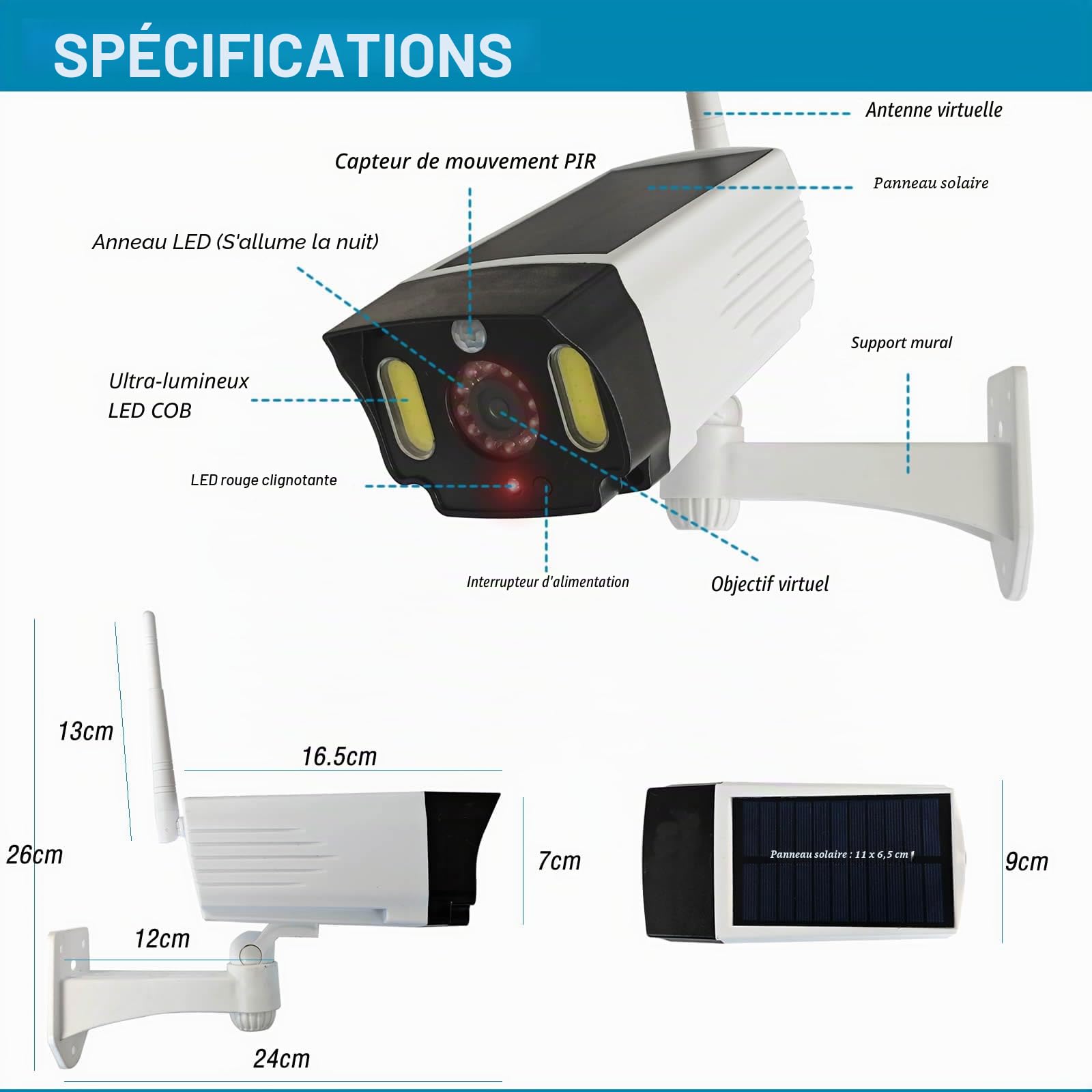Justop - Caméra de vidéosurveillance factice, alimentée par panneau solaire, avec projecteurs de sécurité LED et détecteur de mouvement PIR, étanche pour usage extérieur - Blanc