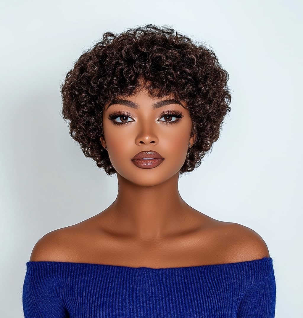 Perruque Bouclée avec 100% Cheveux Naturels - Perruque Afro Bouclée avec Coupe Pixie - Cheveux Remy Brésiliens (20 cm, 4)