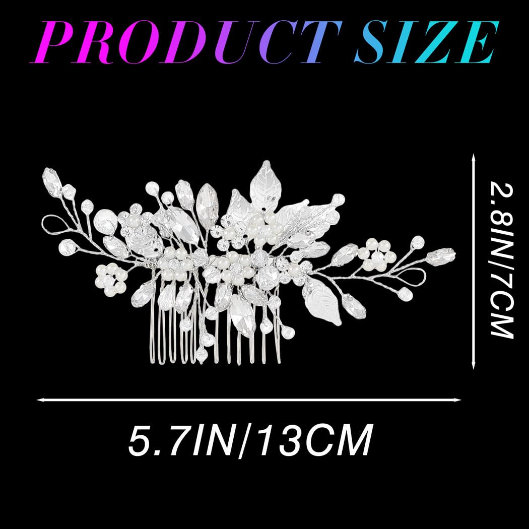 Unsutuo Silver Rhinestone Hair Combs Pearl Flower Headpieces Leaves Weddinig Hair Accessories for Women and Girls (Silver)